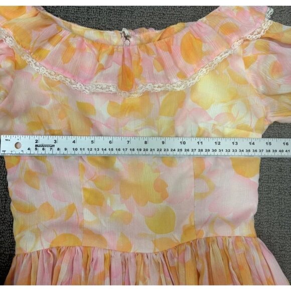 Vintage Handmade Dress Small Orange Floral Airy Cotton Fit Flare Puff Sleeve - Picture 4 of 10